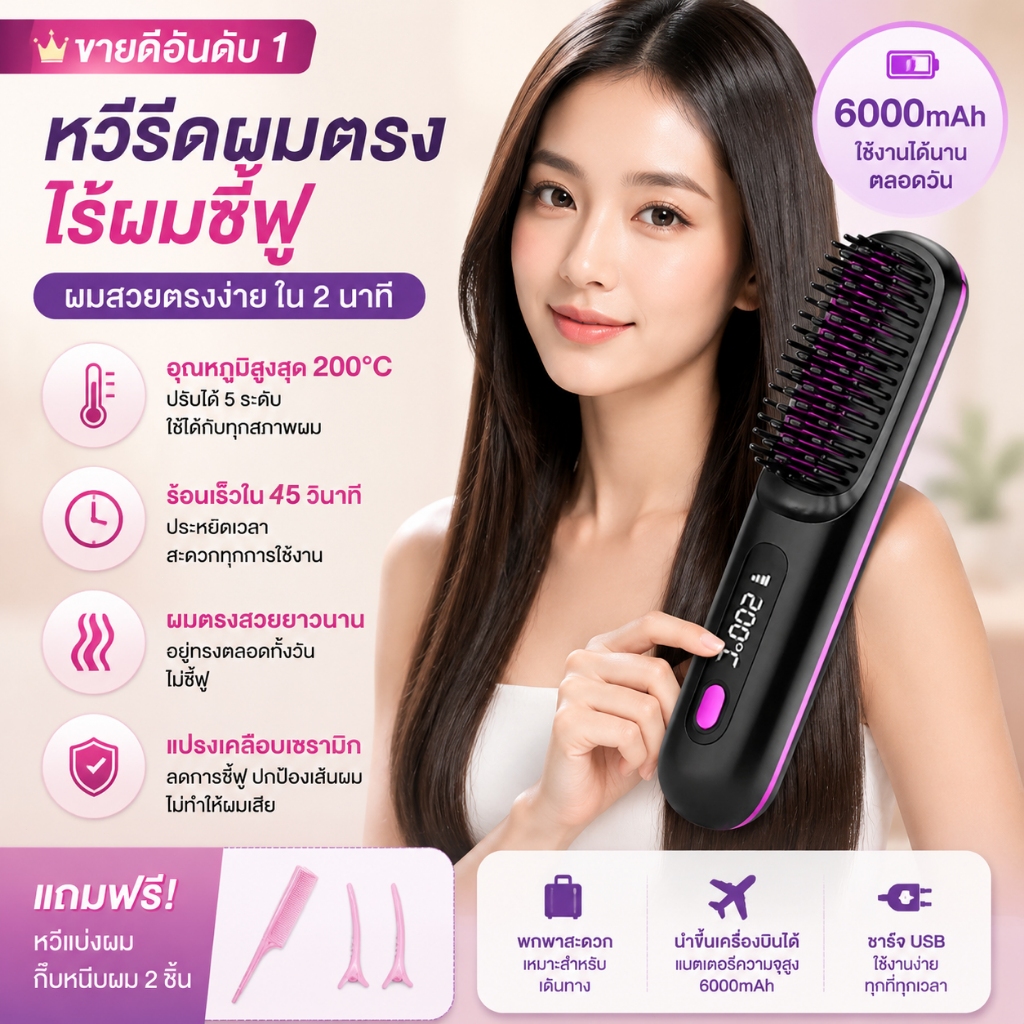 MINIหวีตรงไฟฟ้าไร้สาย 6000mAh แบตเตอรี่ใหญ่ พกพา ไอออนเคราติน บำรุงผม ไม่ทำร้ายผม ร้อนเร็ว ซี่เคลือบไม่ลวก
