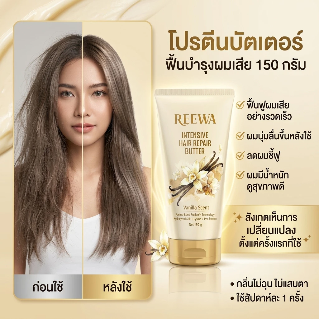 โปรตีนบัตเตอร์กู้ผมรีว่า | 150 กรัม | บัตเตอร์บำรุงผมเสีย ช่วยให้ผมดูนุ่มลื่น เงางาม ดูชี้ฟูน้อยลง