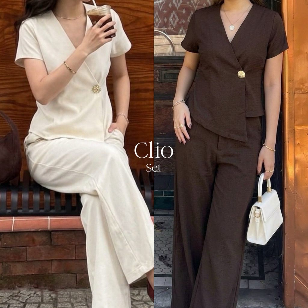 Clio Set⭐️(ส่งด่วน🚚)ชุดเซ็ตเสื้อแขนสั้น ติดกระดุมใหญ่สีทองมีกิมมิกในตัว พร้อมกางเกงขายาว by betty