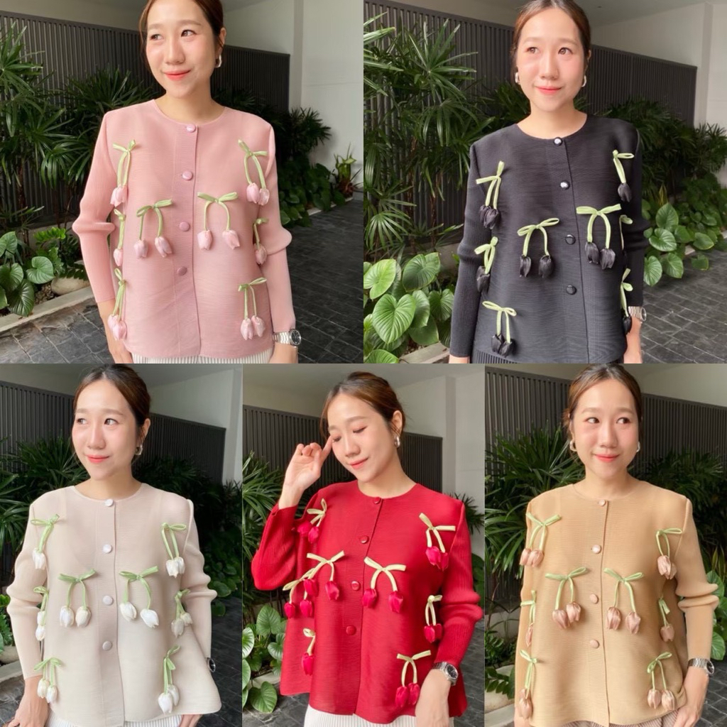 เสื้ออัดพลีท 100%แต่งโบว์เชอรี่งานสวยมากผ้าดีไซค์ใหญ่ใส่สบายค่ะ