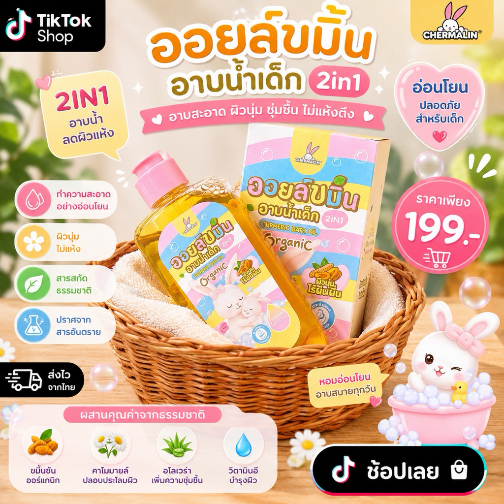 [โฉมใหม่]! เฌอมาลิน ออยขมิ้นอาบน้ำ Kamin Chermalin Oil 100% แท้ 250ml
