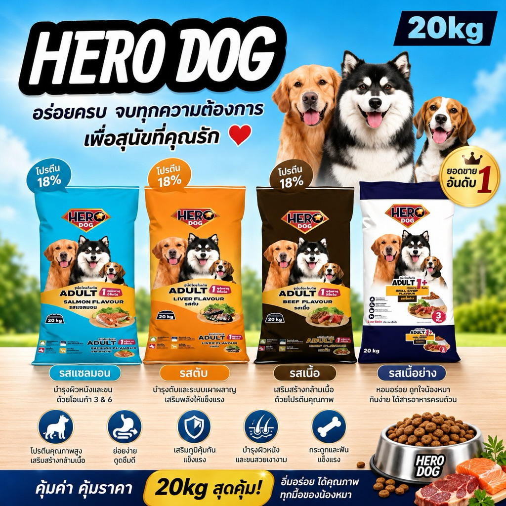 อาหารสุนัขฮีโรด๊อก ขนาด20กิโล  โปรตีน18% (1กระสอบต่อ1คำสั่งซื้อ)