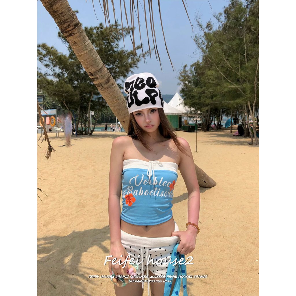 [Feifei-Summer printed strapless top]เสื้อกล้ามไม่มีสายลายตัวอักษรสไตล์อเมริกันพักผ่อนลำลอง