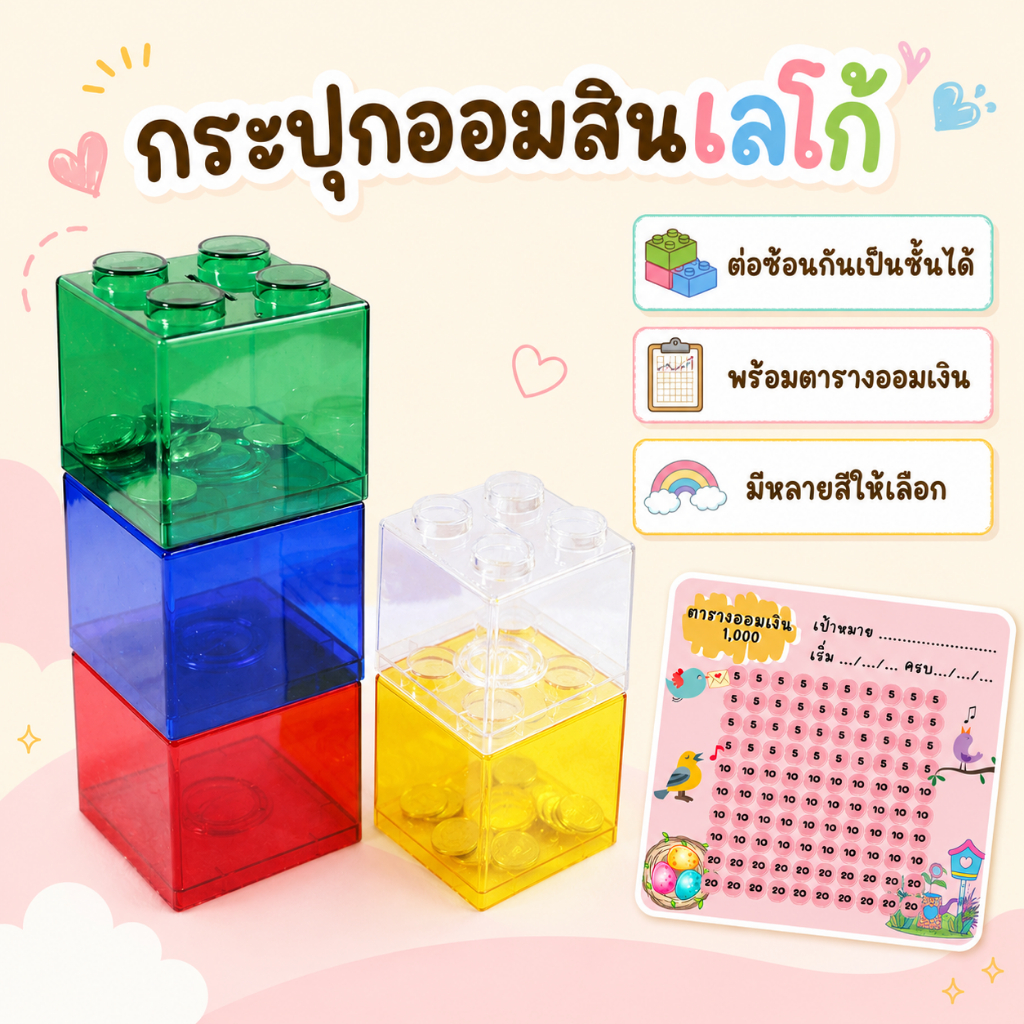 กระปุกออมสินเลโก้ แบบใส ต่อซ้อนกันได้ กล่องเก็บเหรียญ ออมเงินสนุก มองเห็นด้านใน ของตกแต่งโต๊ะทำงาน