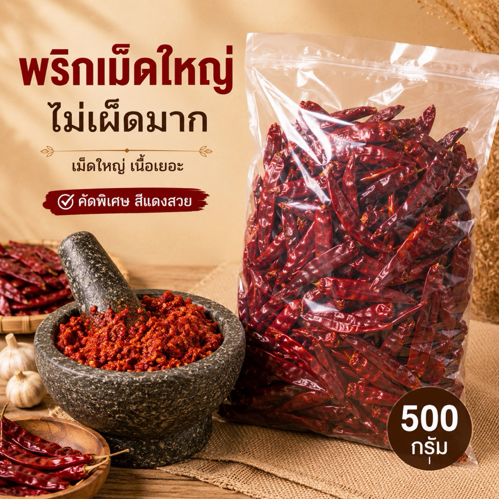 พริกแห้ง เม็ดใหญ่ เผ็ดน้อย สีแดงสวย ทำพริกแกงอร่อย 500กรัม(เม็ดใหญ่500)