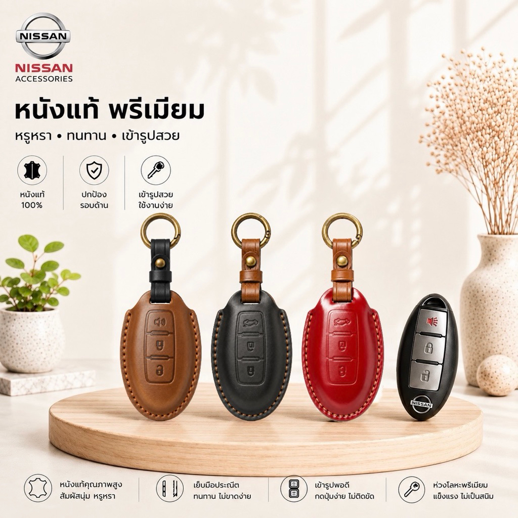 ซองหนังแท้ ใส่กุญแจรีโมทรถยนต์ รุ่นหนังกลับ Nissan March,X-Trail,Navara,Juke,Pulsar,Sylphy Smart Key 3 ปุ่ม