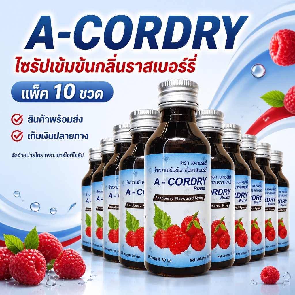 A-CORDRY แพ็ค 10 ขวด. เอคอ น้ำหวานกลิ่นราสเบอรี่เข้มข้น 60ml. ..........ACD-10