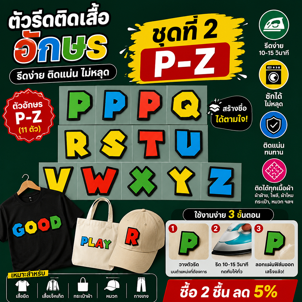 ตัวรีดติดเสื้ออักษร P - Z ตัวเลข ฟ้อนสวย(มี 4 สี  ฟ้า,เหลือง,แดง.เขียว)  คละสีแจ้งในแชท DIY