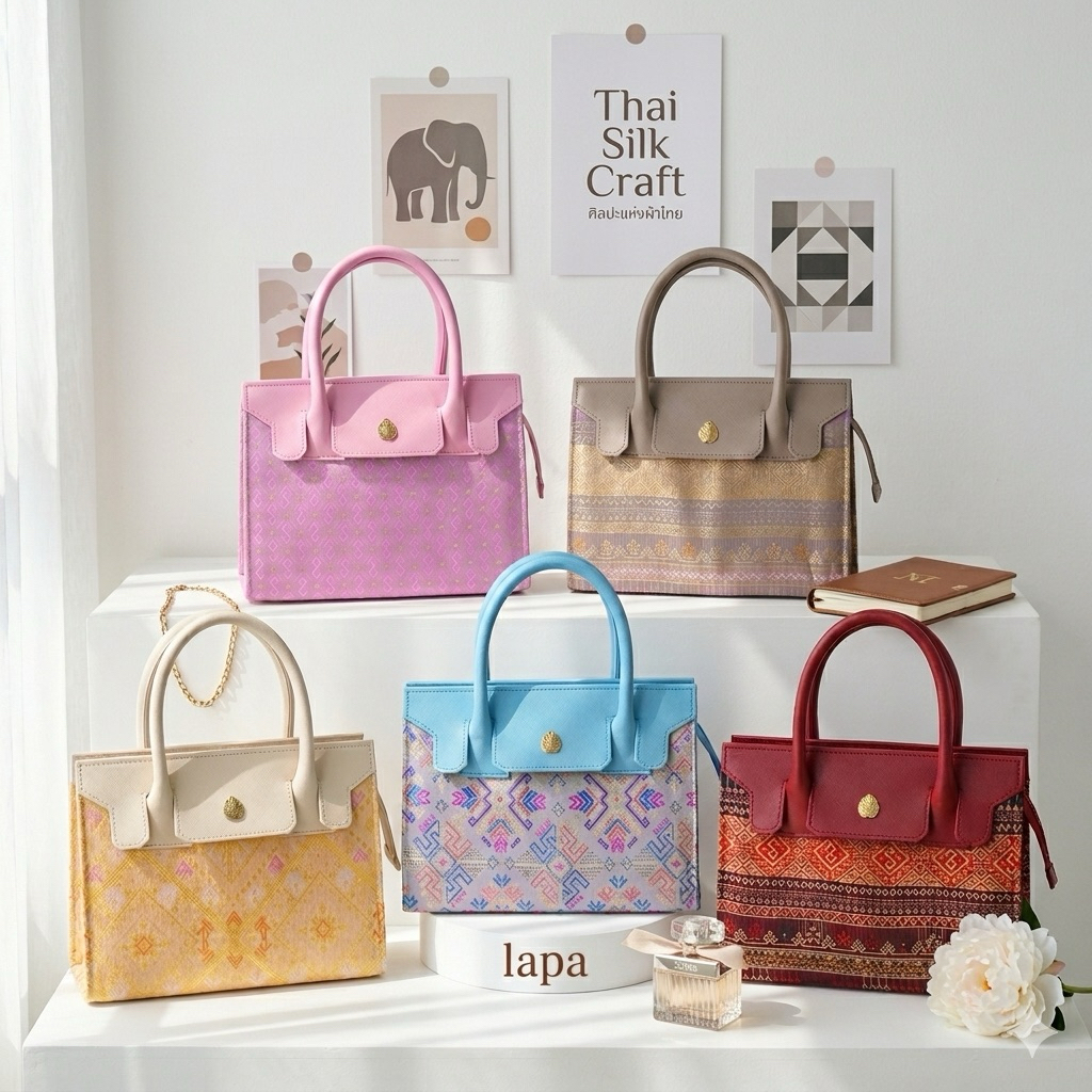 (พร้อมส่ง) กระเป๋าผ้าไทย แบรนด์ลภา - ทรงกล่อง 10 นิ้ว