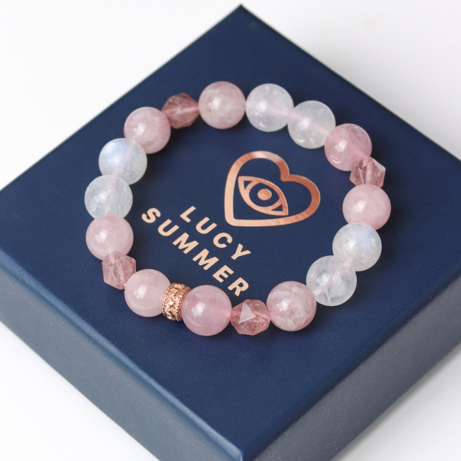LUCYSUMMER Rose Quartz + Strawberry Cut + Moonstone กำไลข้อมือหินแท้ 10 mm จี้ตัวคั่นเงินแท้