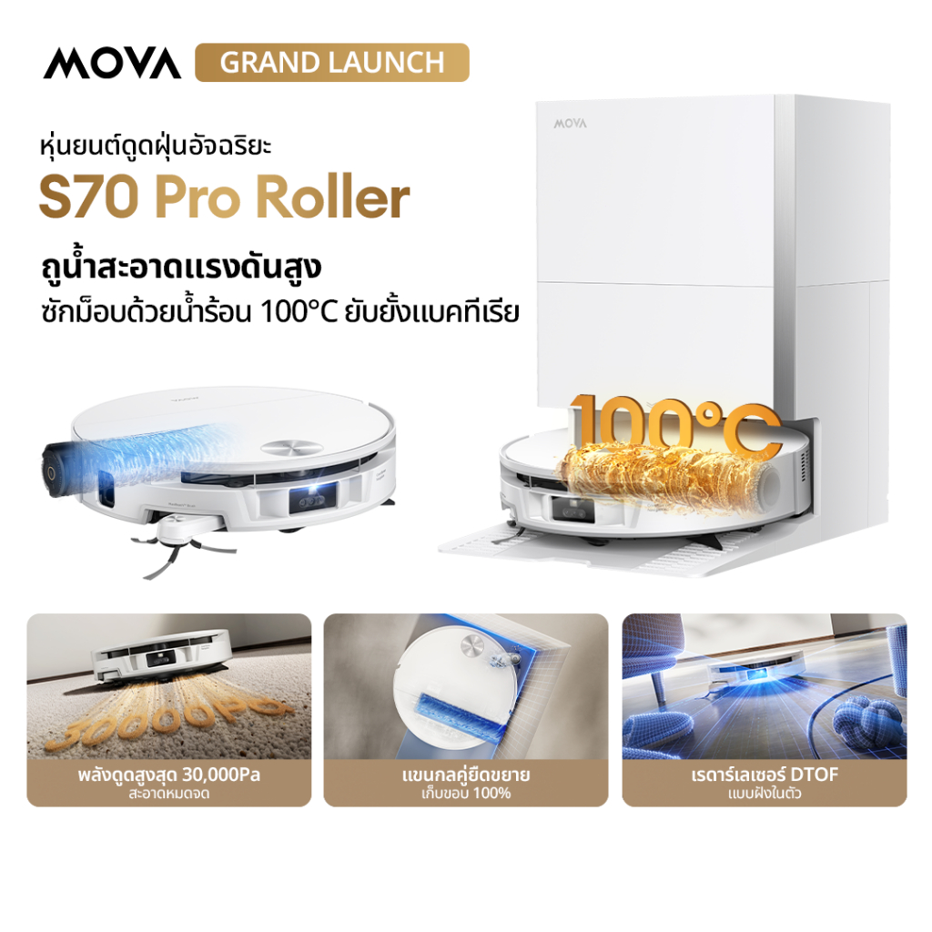 MOVA S70 Pro Roller หุ่นยนต์ดูดฝุ่น ถูพื้นอัตโนมัติ ดูดแรง 30000Pa ซักน้ำร้อน100°C แผนที่อัจฉริยะ ดูดขนสัตว์