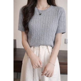 MQzz4289 *พร้อมส่ง* เสื้อไหมพรมแขนสั้น เสื้อยืดผู้หญิง กันหนาว ลายถักยาว ใส่ดูดี เข้ารูปหุ่นดี อก 40 นิ้วใส่ได้ Freesize