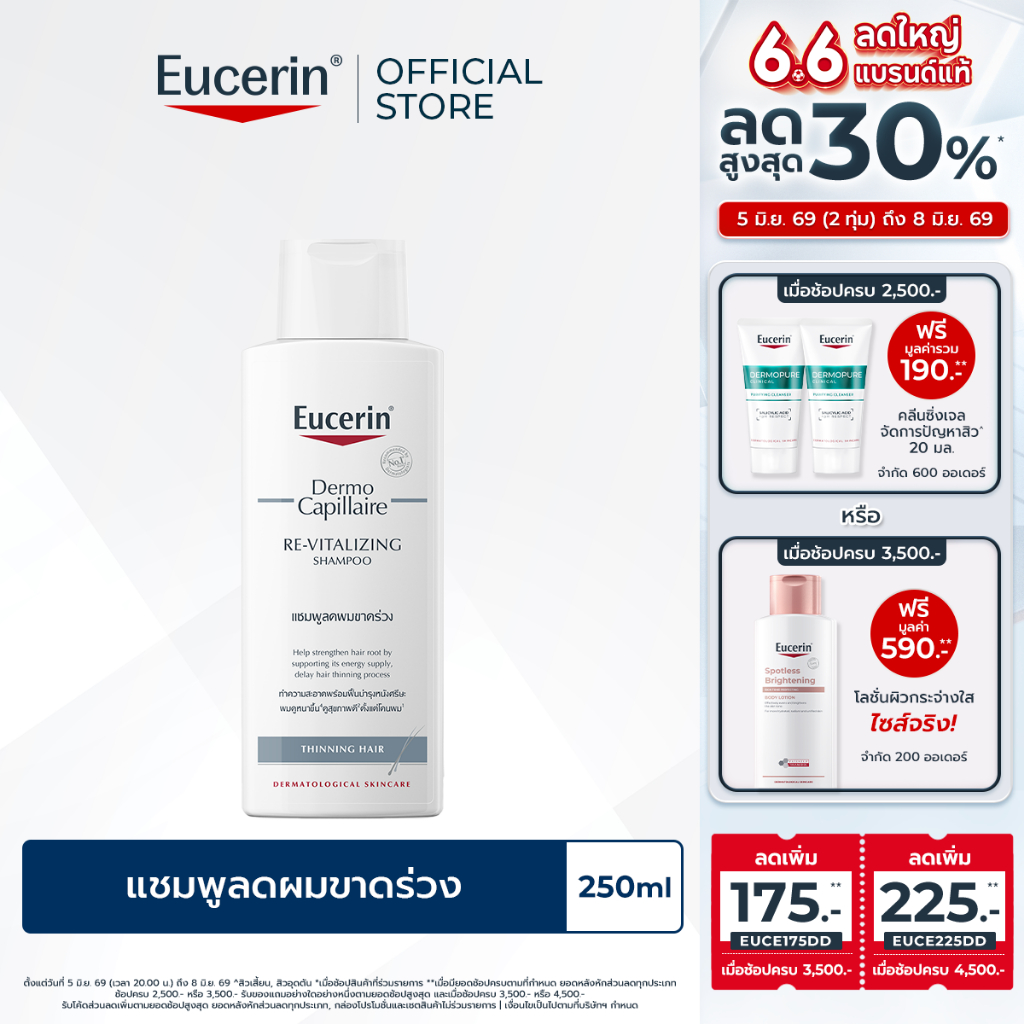 Eucerin DermoCapillaire RE-VITALIZING SHAMPOO THINNING HAIR 250 ML ยูเซอริน แชมพูลดผมขาดหลุดร่วง บำรุงเส้นผม