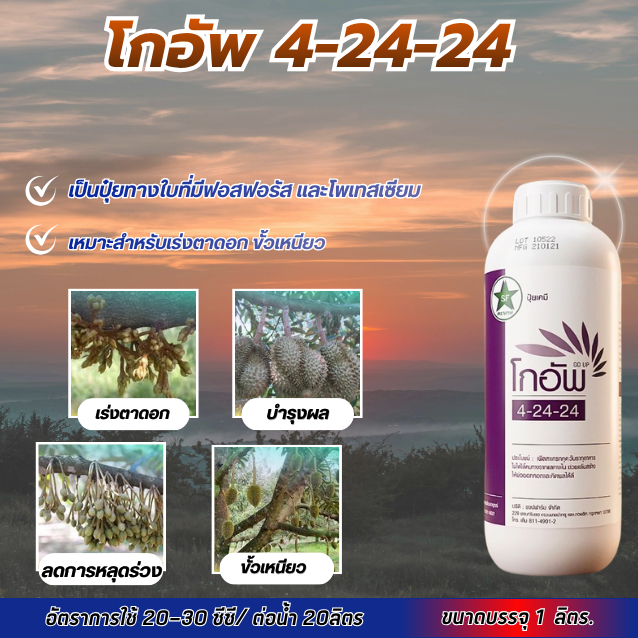 ปุ๋ยน้ำโกอัพ 4-24-24 สูตรเร่งดอก เร่งผลอาหารทางใบพืชนำไปใช้ได้ทันทีเร่งการเจริญเติบโต