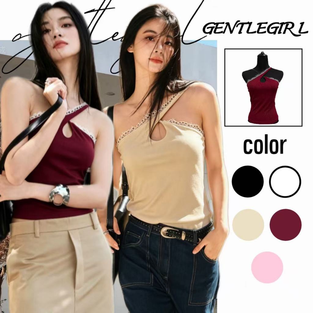 #GG🎀เสื้อสายเดี่ยวทรงเข้ารูป ดีไซน์ซ่อนสายคล้องคอ ดีไซน์เปิดไหล่ ตกแต่งด้วยลูกไม้