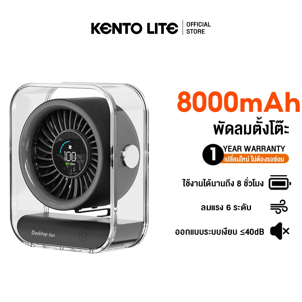พัดลมตั้งโต๊ะ แรงลมสูง 10 เท่า พร้อมหน้าจอ LED แสดงระดับลม แบตเตอรี่ 8000mAh ใช้งานได้นาน
