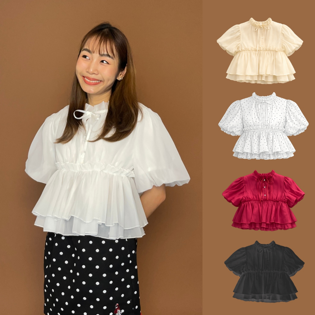 (S-3XL) CHAWY Ruffle Blouse 🐻‍ C4754 เสื้อระบายชีฟอง แขนตุ๊กตา