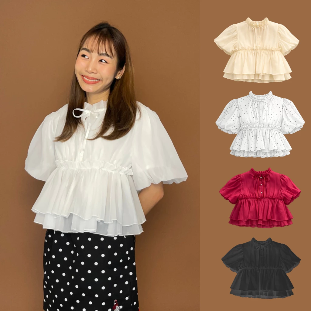 (S-3XL) CHAWY Ruffle Blouse 🐻‍ C4754 เสื้อระบายชีฟอง แขนตุ๊กตา