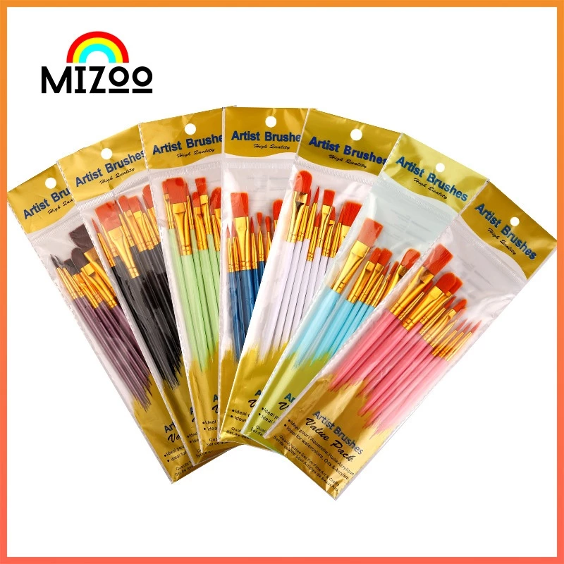Mizoo ชุดพู่กันไนลอน 10 ชิ้น สำหรับสีน้ำ สีอะคริลิค สีน้ำมัน ขนนุ่ม ไม่หลุดง่าย เหมาะสำหรับเด็กและงานศิลปะ Painting Brus