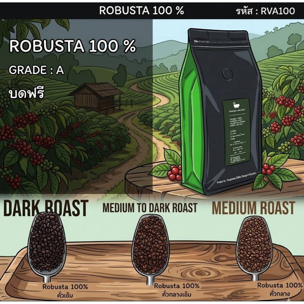 (รหัสRVA)เมล็ดกาแฟคั่วบด โรบัสต้า 100%  เกรด A โรบัสต้าเวียดนาม