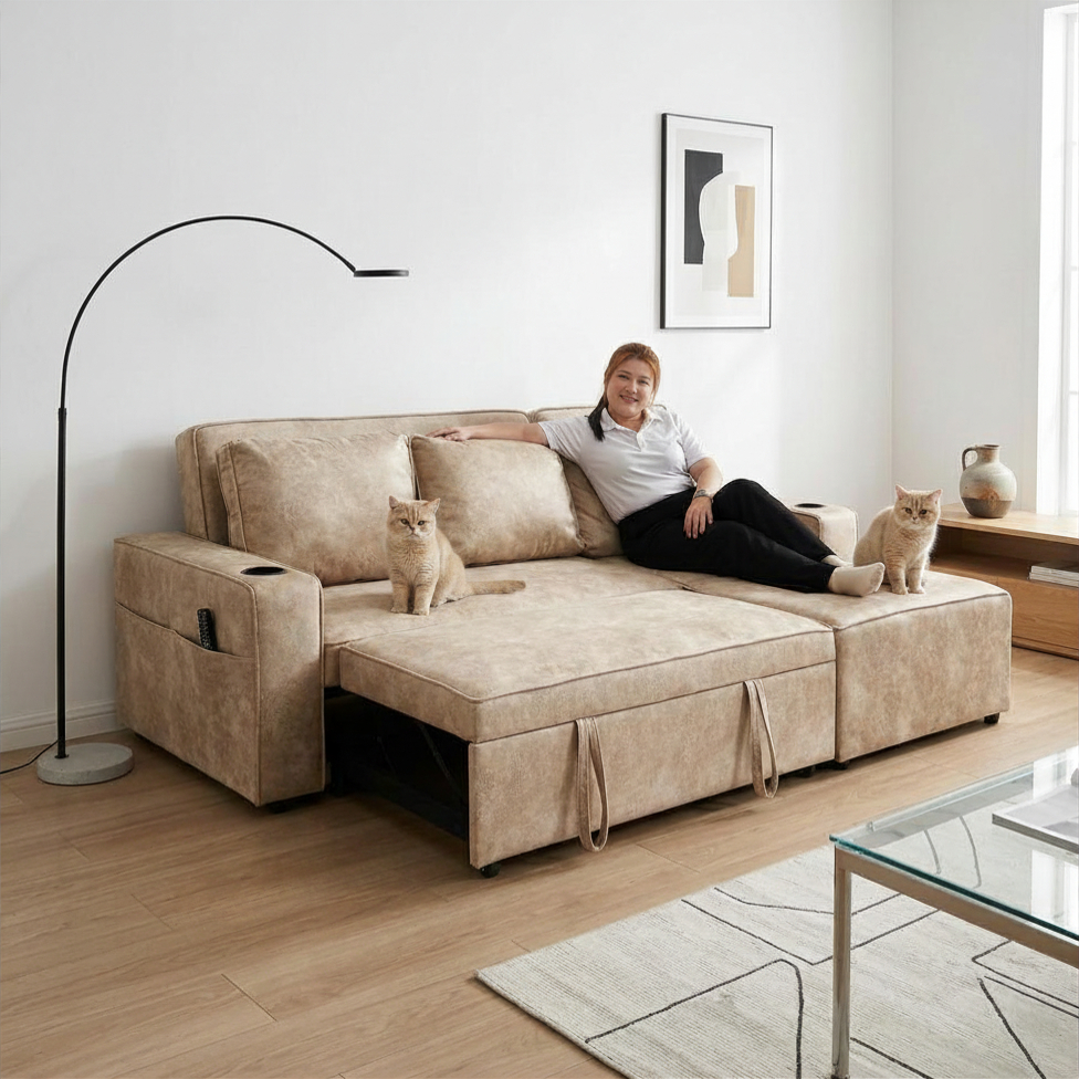 จัดส่งทั่วประเทศ โซฟาผ้าปรับนอน L-shape รุ่น โอลิเวอร์ Oliver ใหม่ผ้า Pet Friendly(เลือกข้างเบดได้)