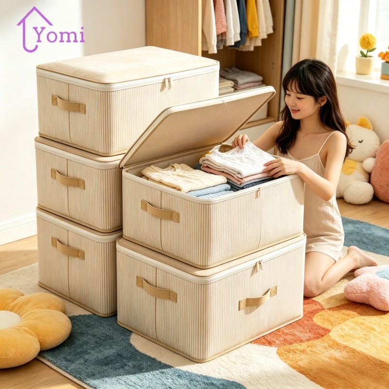 กล่องเก็บของพร้อมฝาปิดและซิป ใส่ของ กล่องผ้า ลินิน กล่องอเนกประสงค์ ใส่ผ้า มีฝาปิด กล่องเก็บเสื้อผ้า พับเก็บได้ กล่องใส่