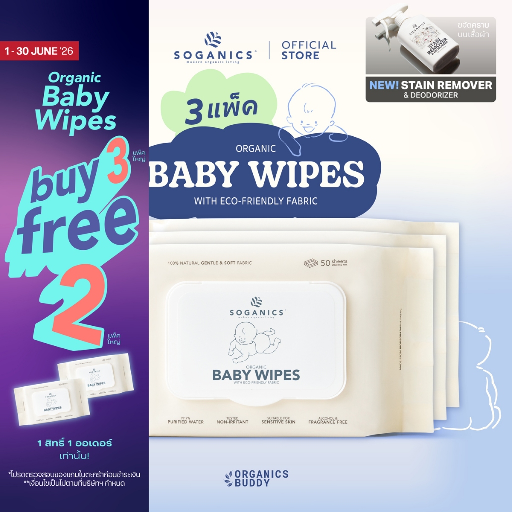 [3 แพ็ค] SOGANICS Organic Baby Wipes (50 Sheets) คุ้มสุด ทิชชู่เปียก ผ้านุ่มละมุนจากใยธรรมชาติ 100%
