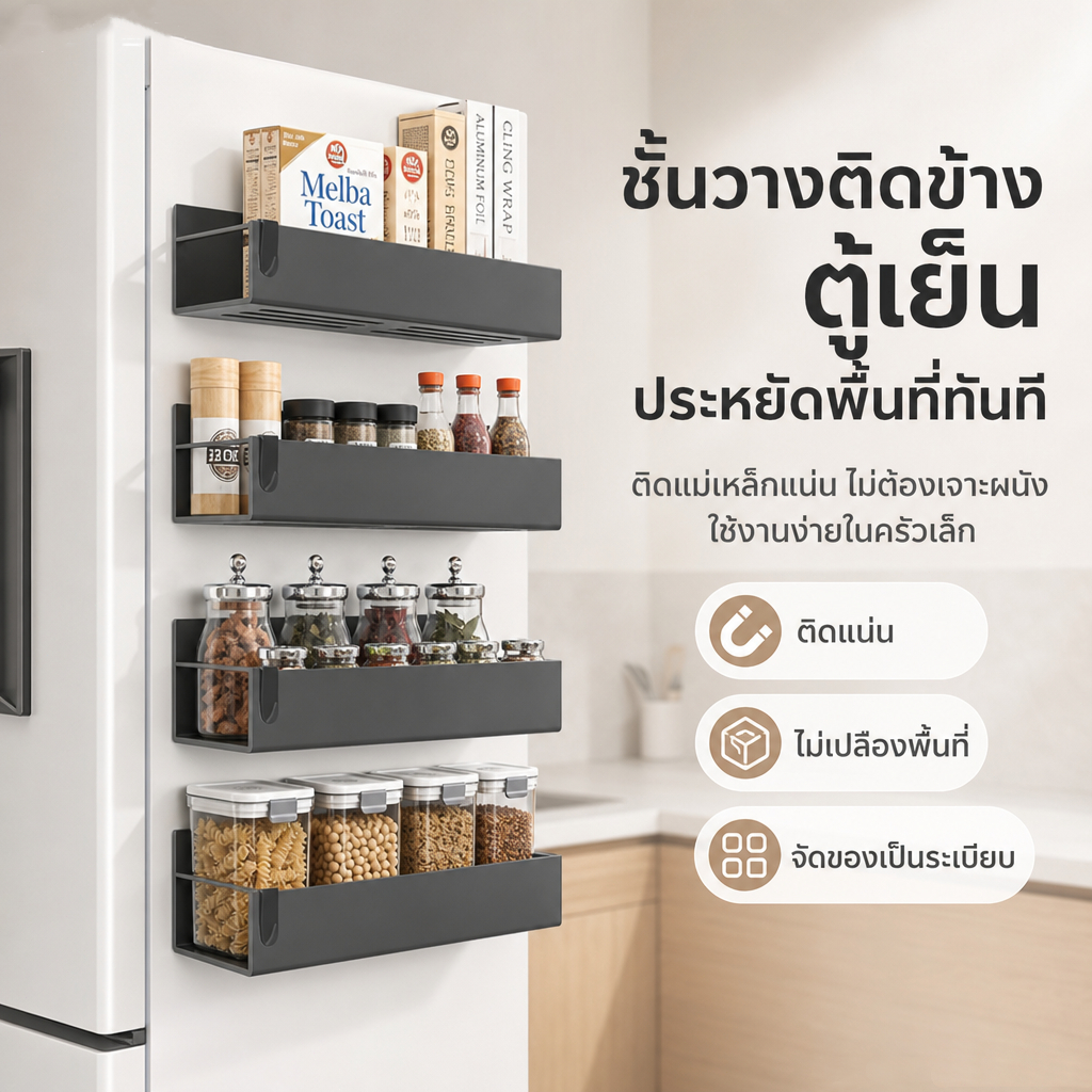2PCS ชั้นวางแม่เหล็กติดตู้เย็น ชั้นเก็บของอเนกประสงค์ ประหยัดพื้นที่ ติดตั้งง่าย ไม่ต้องเจาะ ไม่หลุดง่าย