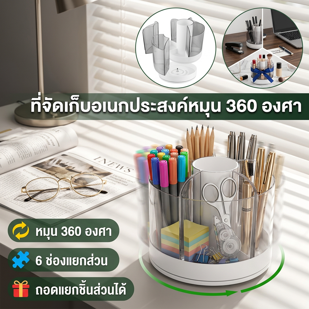 กล่องเก็บของหมุนได้ 360 องศา | 6 ช่อง | สำหรับจัดเก็บปากกาและเครื่องสำอาง