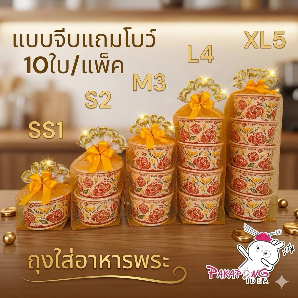 (เฉพาะถุง+โบว์) ถุงตาข่ายสังฆทานใส่อาหารถวายพระ 10 ใบ/แพ็ค มี 8 สี แถมโบว์
