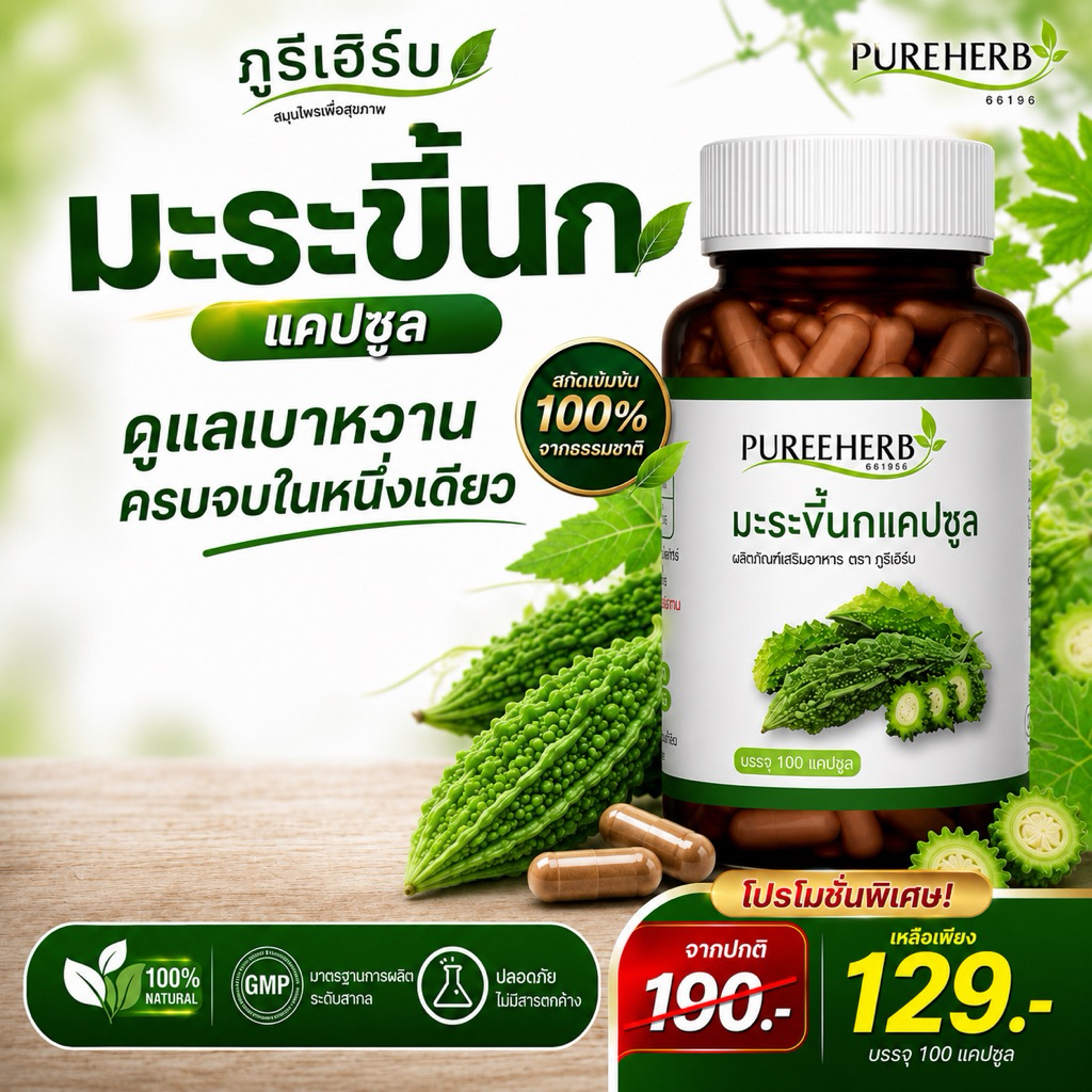 มะระขี้นกภูรีเฮิร์บ บรรจุ 100 แคปซูล -  เบๅหวาน  น้ำตๅลสูง (ส่งจาก กรุงเทพฯ)