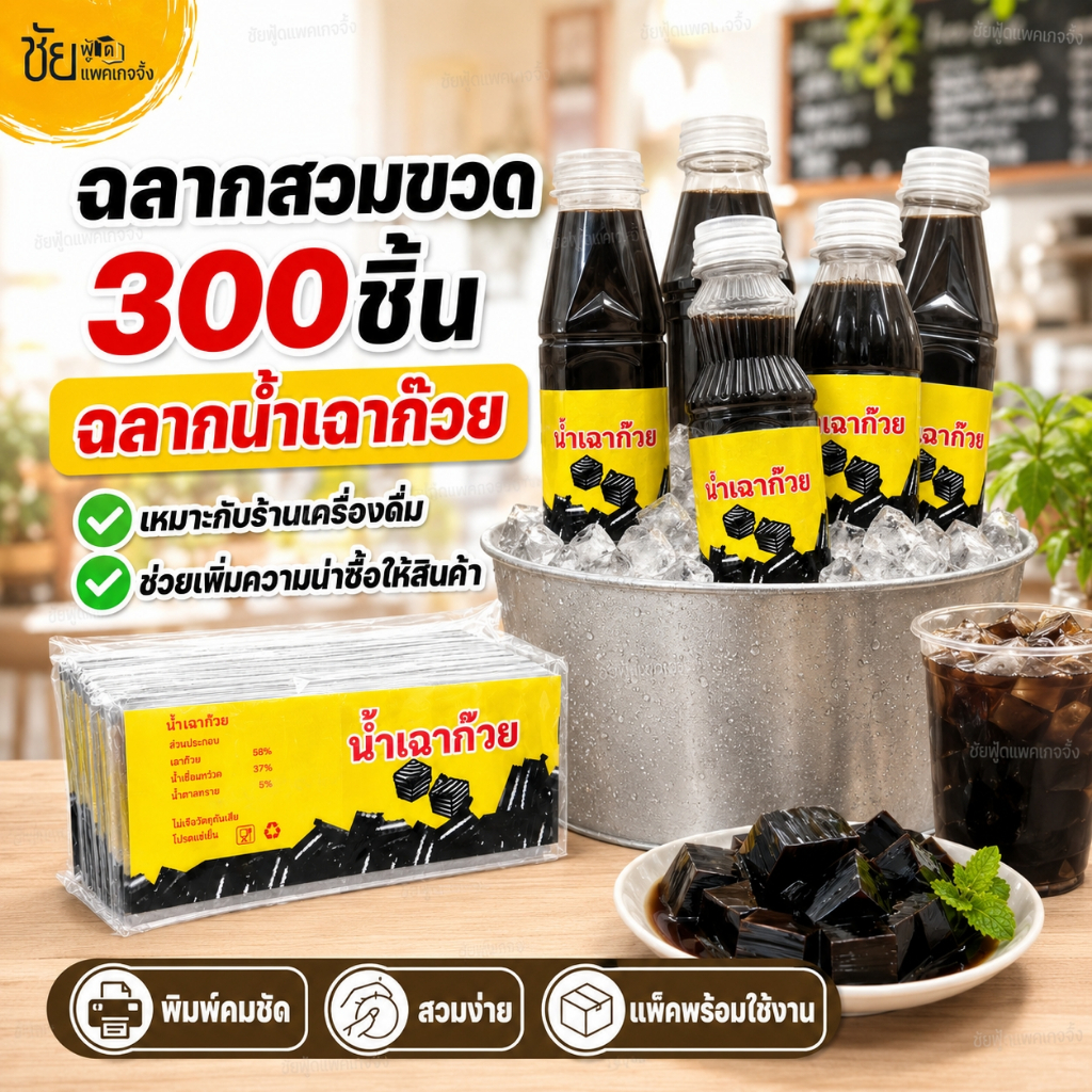 ฉลากสวมขวด ฉลากน้ำเฉาก๊วย PVC หดตัวด้วยความร้อน (Shrink Film) สำหรับ ขวดน้ำPP ขนาด 5x9ซม. แพค 300ชิ้น