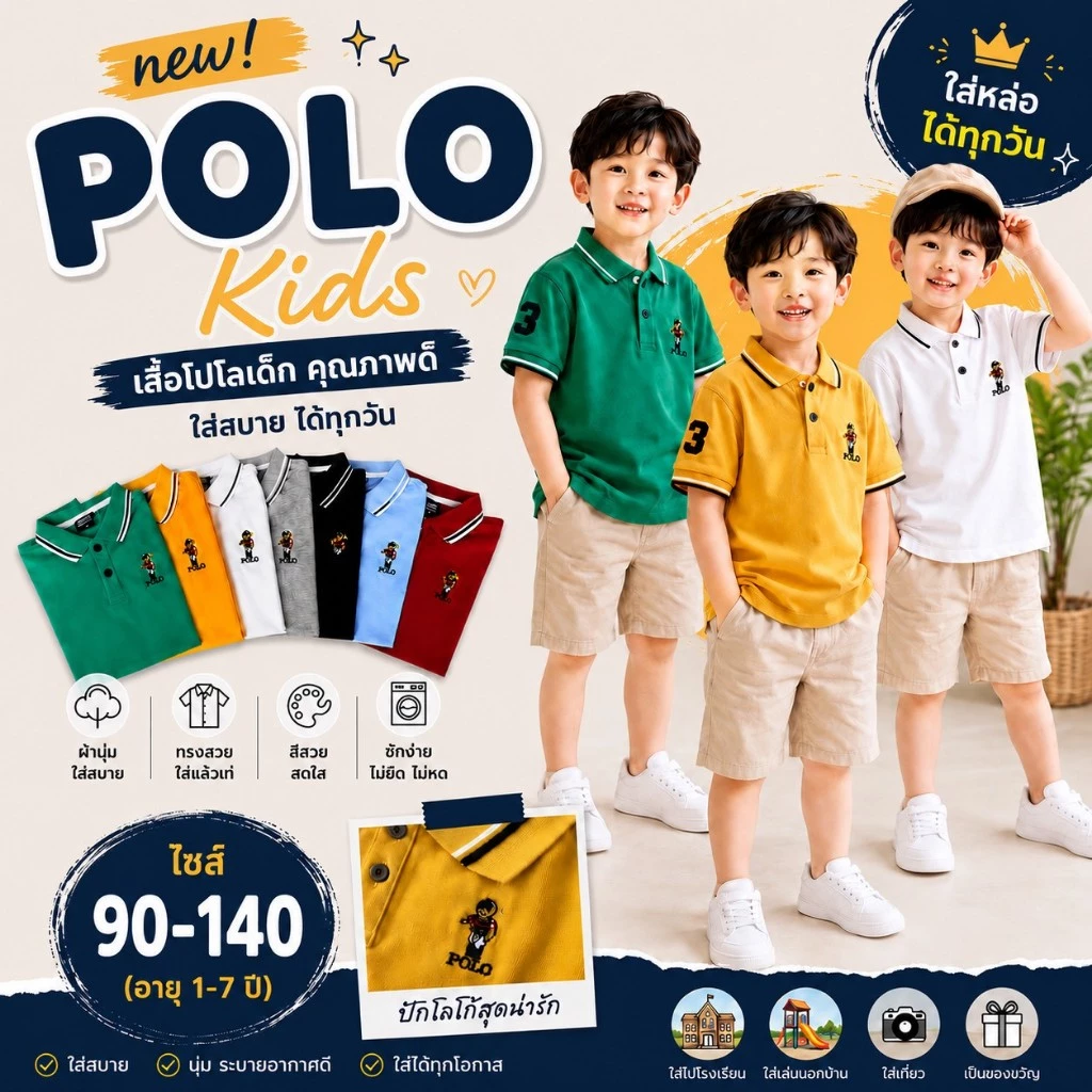 มาใหม่ เสื้อคอปกเด็ก ปักหมี ผ้าดี สีไม่ตก ไม่หดไม่ย้วย เนื้อนุ่ม