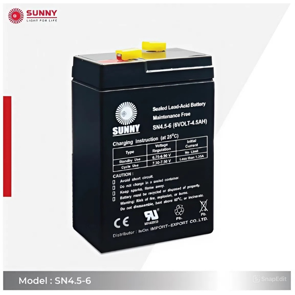 Sunny แบตเตอรี่แห้ง รุ่น SN4.5-6 ขนาด 6V 4.5AH แบตรถเด็ก แบตไฟฉุกเฉิน