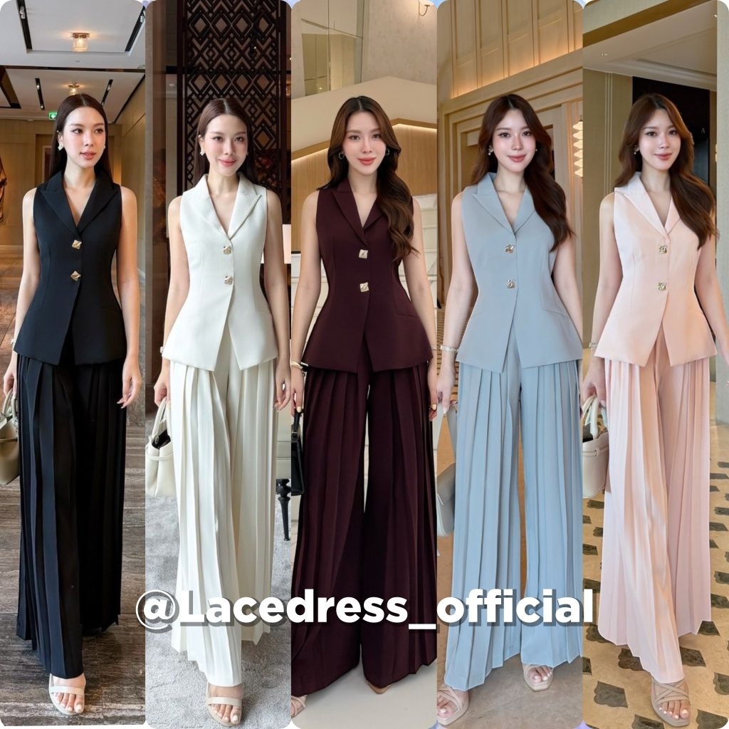 Adora●พร้อมส่งครบสีไซส์●ชุดเซ็ตเสื้อคอปกแขนกุด+กางเกงพลีทขาบาน