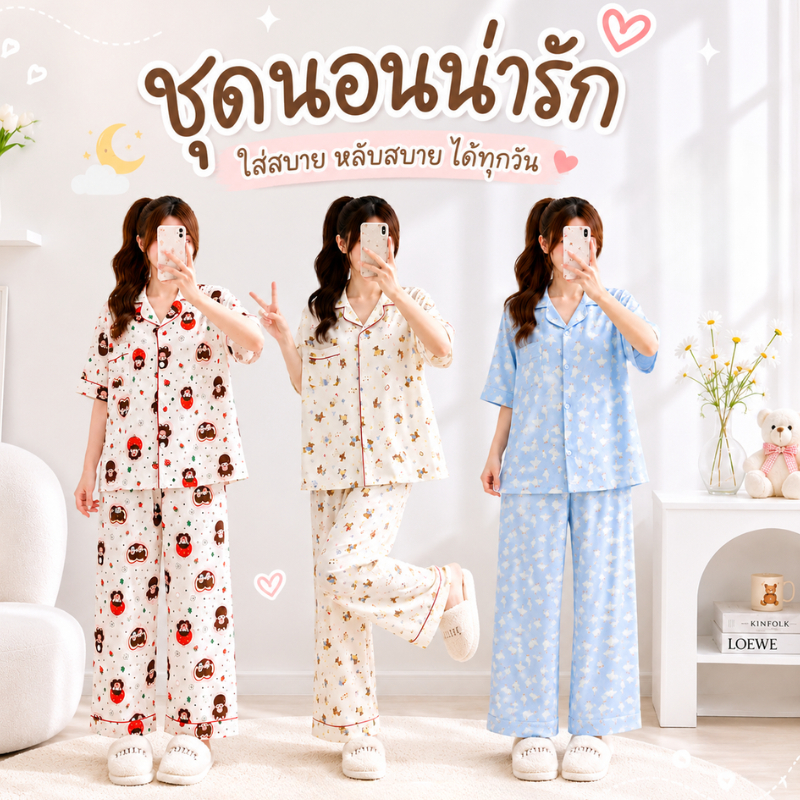 ชุดเซ็ทพิมพ์ลาย ทรงโอเวอร์ไซส์ เสื้อคอปก แขนสั้น กางเกงขายาว เอวยางยืด ผ้าคอตตอนผสม เนื้อผ้านิ่ม ใส่