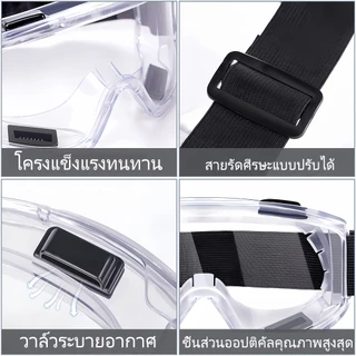 แว่นตานิรภัย แว่นเซฟตี้ แว่นกันลม กันสารเคมี กันฝุ่น กันละออง เลนส์ใส สวมทับแว่นสายตาได้ สายรัดปรับได้ งานช่าง กันสะเก็ด