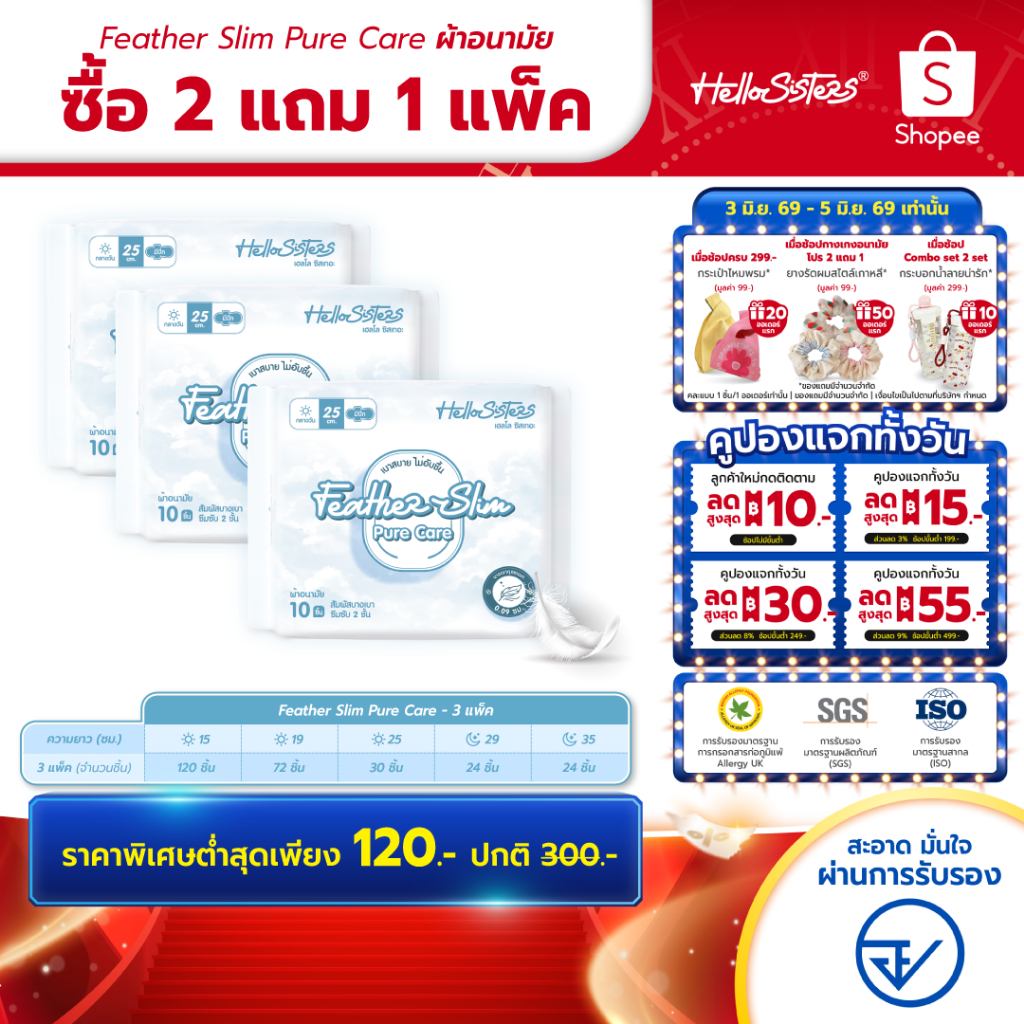 [เลือกความยาวเลย] 2 แถม 1 Feather Slim Pure Care HelloSisters เฮลโล ซิสเทอะ ผ้าอนามัย มีปีกและไม่มีปีก 15-35 ซม.