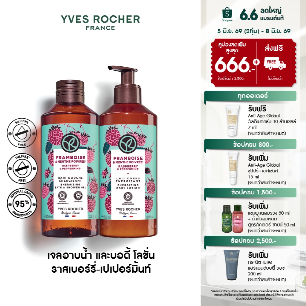 [แพ็คคู่] อีฟ โรเช Yves Rocher Raspberry & Peppermint Energizing Body Lotion 390 มล. & Shower Gel 400 มล