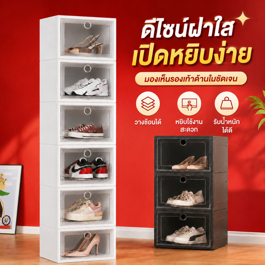 🔥ขายดีไซร้! กล่องรองเท้า ขนาดใหญ่ เปิดฝาด้านหน้า สามารถซ้อนหลายชั้น 📦 2 ขนาดให้เลือก พร้อมส่ง ทันใจ ของใหม่คุณภาพ✨