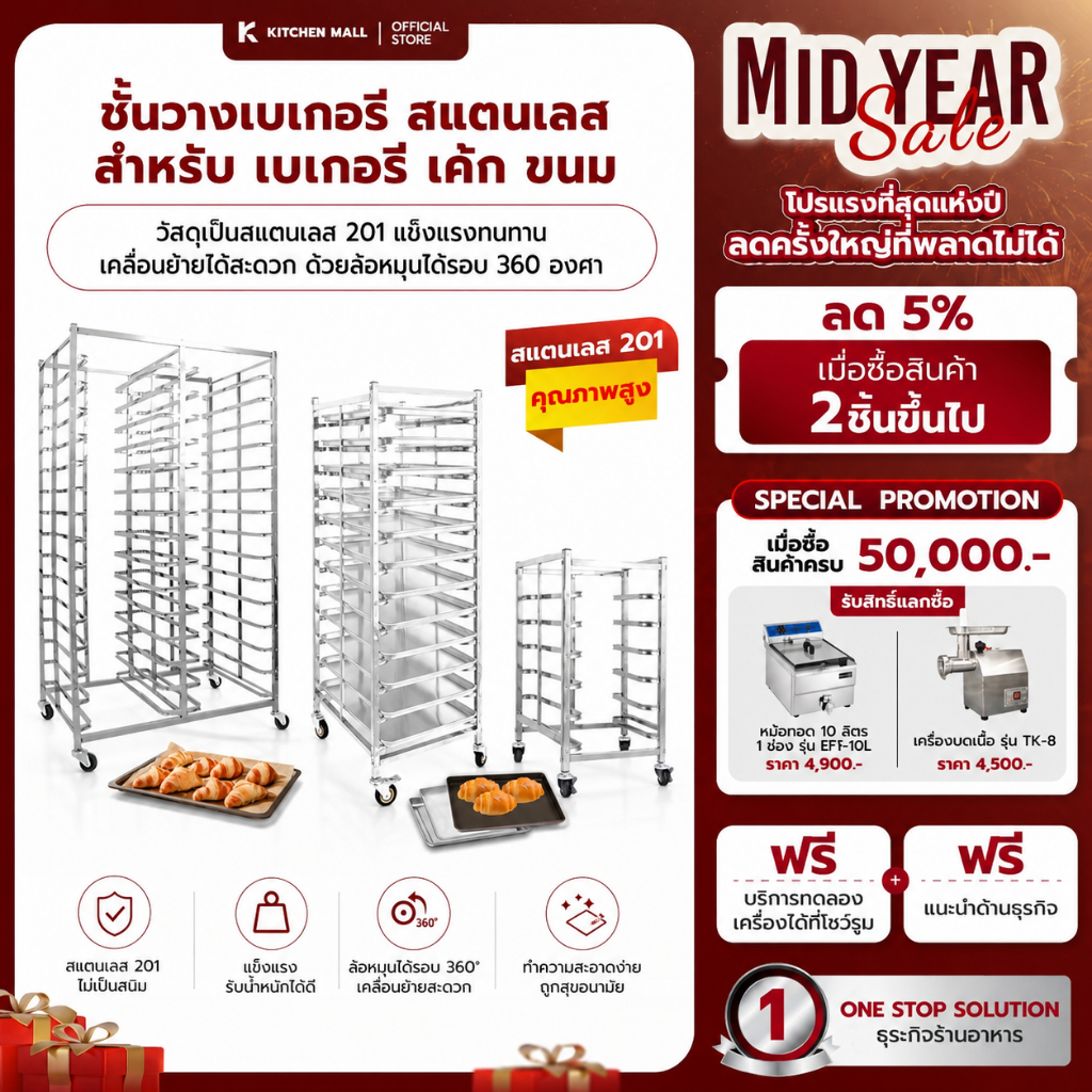Kitchenmall ชั้นวางเบเกอรี่สแตนเลส ชั้นวางขนม ชั้นวางเค้ก ชั้นวางขนมปัง สำหรับร้านเบเกอรี่ เลือกขนาดได้ 6/15/30 ชั้น