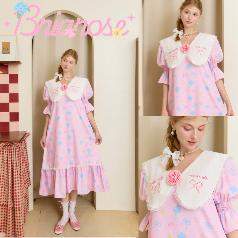 SOULMATE BRIAROSE #SM2283 เดรสยาว คอปกบัว กุ๊นขอบลูกไม้แขนสั้น +เข็มกลัดดอกไม้ปักโลโก้โบว์