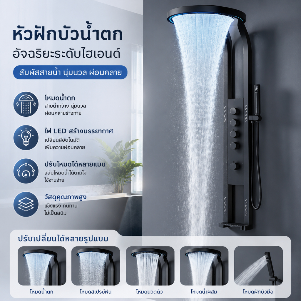 หัวฝักบัวห้องน้ำอเนกประสงค์ระดับไฮเอนด์ หัวฝักบัวอัจฉริยะ หัวฝักบัวน้ำตก พร้อมไฟสร้างบรรยากาศการอาบน้ำ