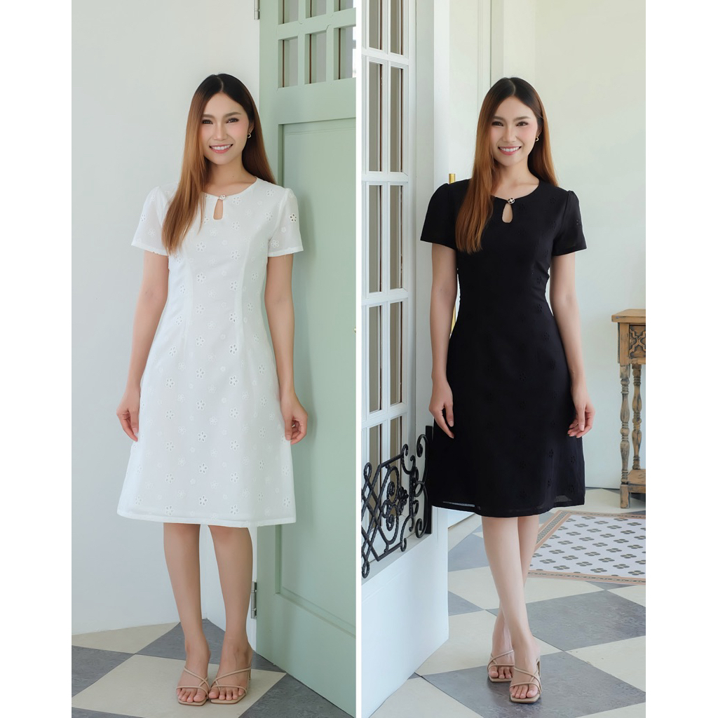 🎼☕️ KK011 | เดรสคอหยดน้ำติดกระดุม เข้ารูปทรงเอ(ผ้าคอตตอนฉลุ) 🧵เช็คขนาดก่อนสั่งนะคะ