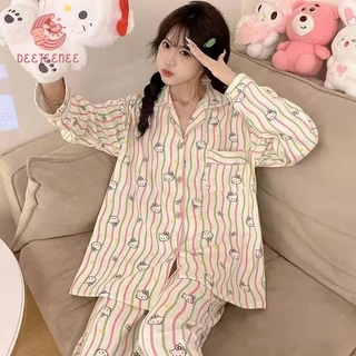 deeteenee ชุดนอน แขนยาวขายาว คอปก ผู้หญิง น่ารักๆผ้าซาตินนิ่มใส่สบาย สีสวยสด สไตล์เกาหลี