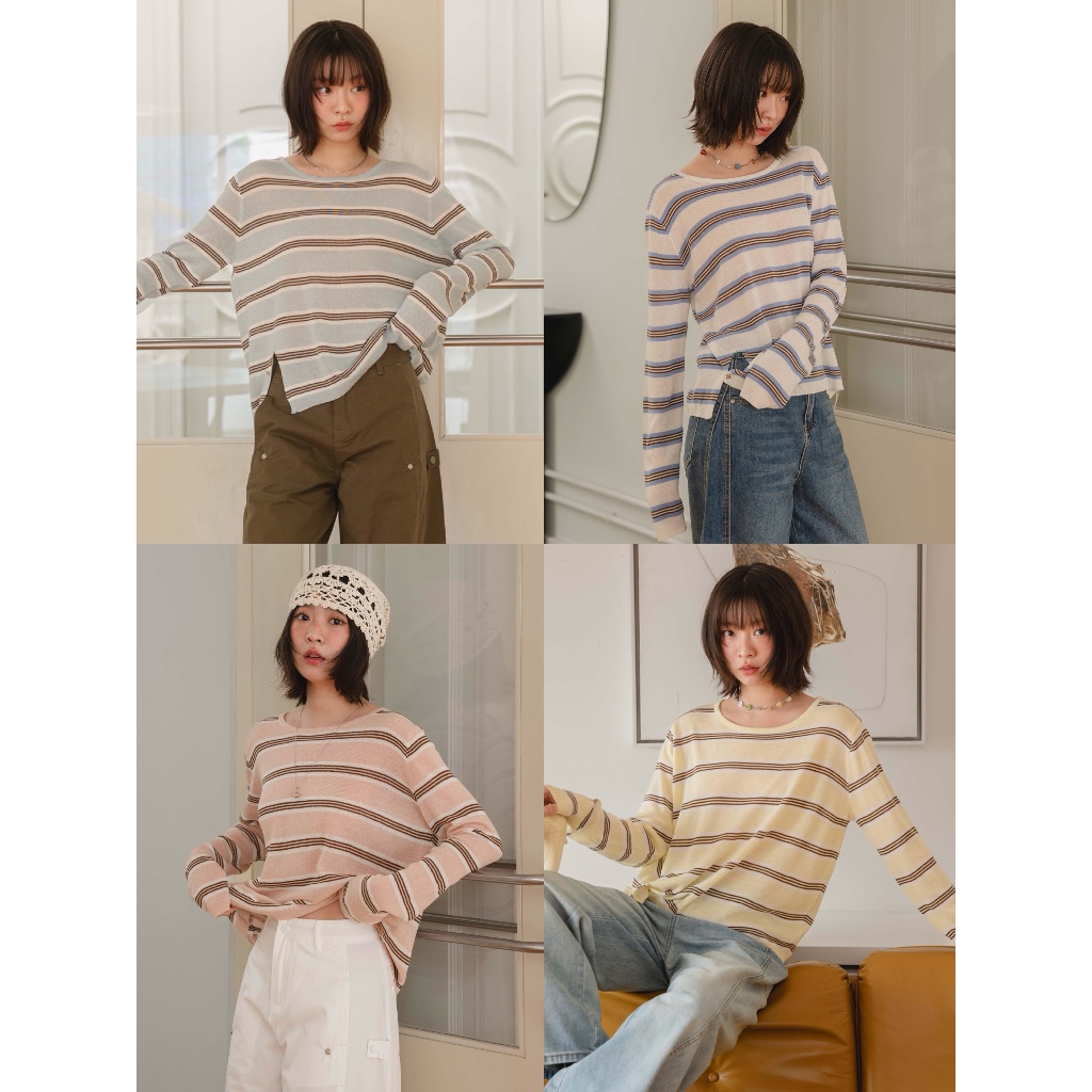 Sumwear.bkk - Sundae stripe top เสื้อไหมพรมลายทางแขนยาว ปลายเสื้อกระดุมโลโก้แบรนด์