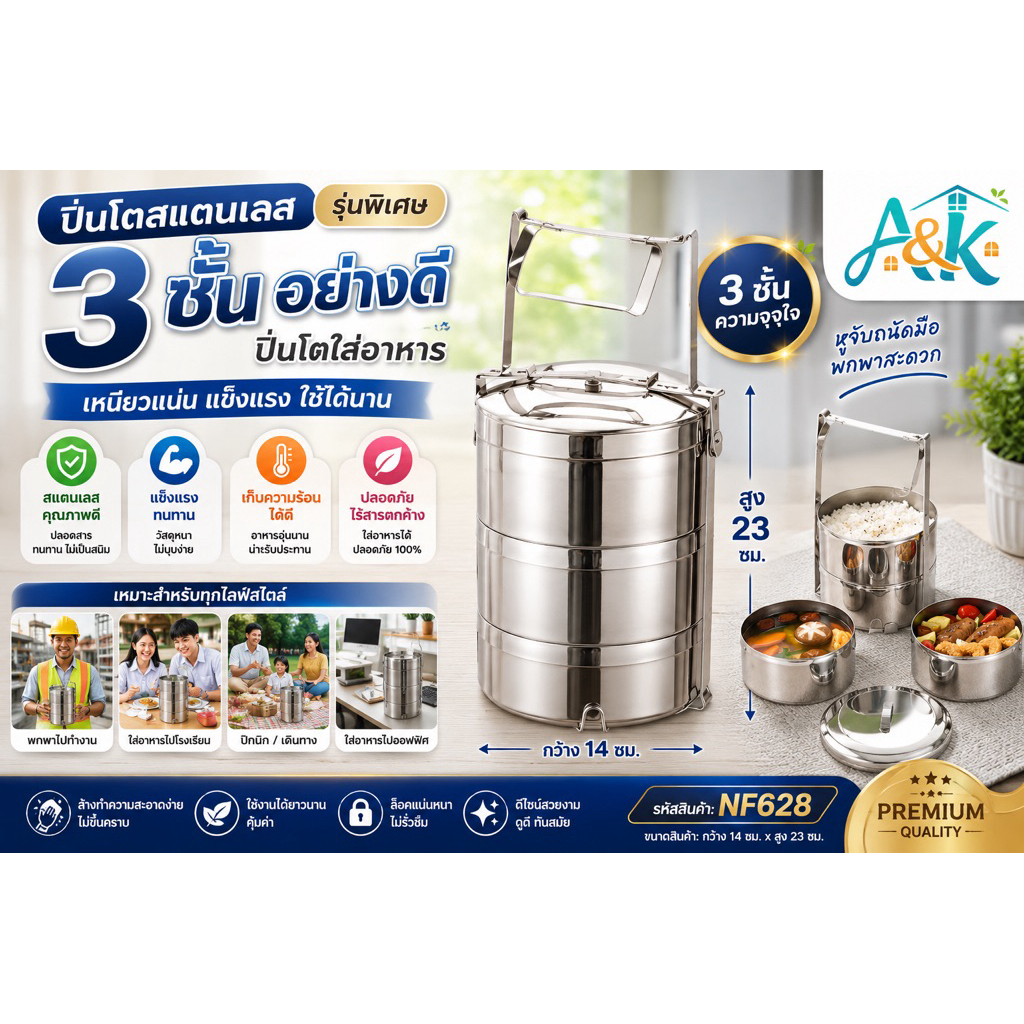 A&k family shop ปิ่นโตสแตนเลสสูง3ชั้นแข็งแรงทนทานไม่เป็นสนิม NF628