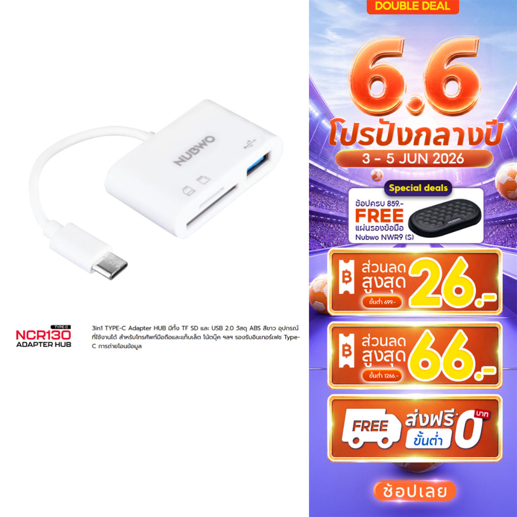 [ประกัน 1 ปี] Nubwo TYPE-C ADAPTER HUB รุ่น NCR130 มีช่อง SD CARD, TF CARD และ USB 2.0