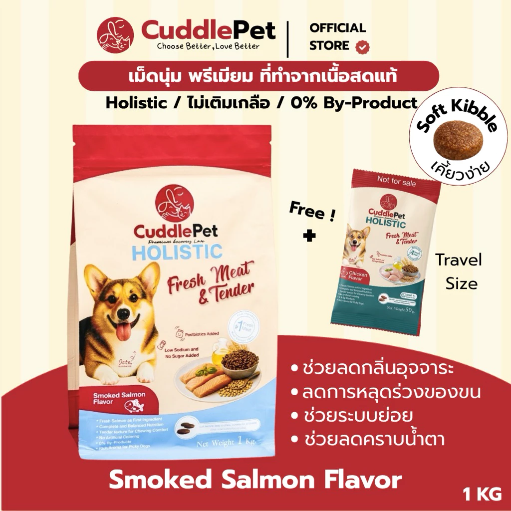 อาหารสุนัขเม็ดนุ่ม พรีเมียม Holistic Fresh Meat รสแซลม่อน 1 KG. (ลดขนร่วง ลดกลิ่นมูลสัตว์ ) ทุกสายพันธุ์
