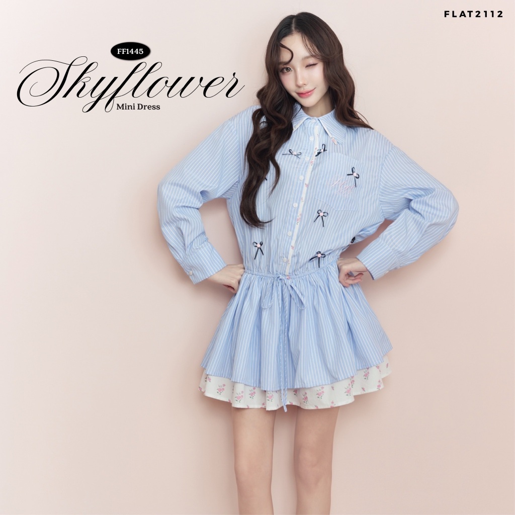 FLAT2112 : SKYFLOWER MINI DRESS เดรสผู้หญิงโทนฟ้าพาสเทล ดีไซน์คอปกสไตล์เชิ้ต น่ารักด้วยดีเทลโบว์ทั่วตัว (FF1445)